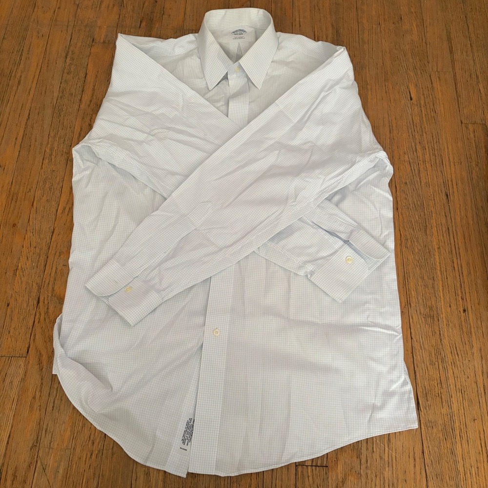 Brooks Brothers Extra Slim Fit Shirt Mens 17-34 White Blue Micro Check Cotton